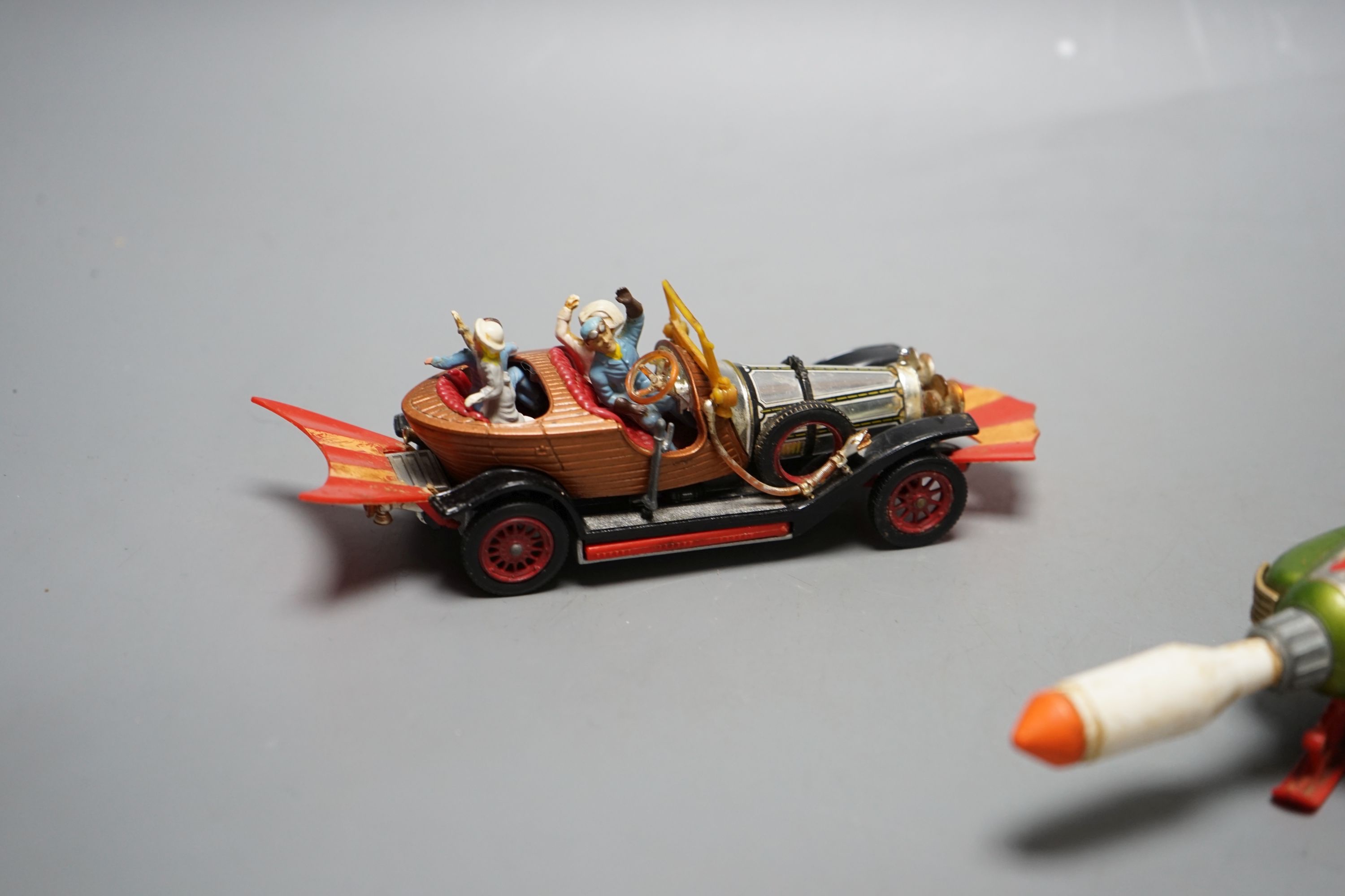 Vintage Dinky Toy “Chitty Chitty Bang Bang” with figures and “UFO Interceptor”, 19.5 cms long.